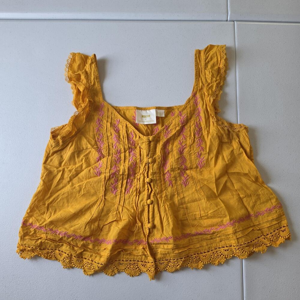 Maeve Tank Top Womens Small Yellow Embroidered Crochet Lace Button Cami Boho